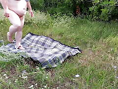 fat girl masturbates pussy with toys in a public place