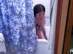 Stepson spies on his StepMom in the shower, stepmother suck two dicks, creampie in stepmom