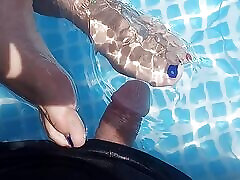 Foot job in ladey boy faking pool