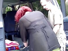 Tattooed redhead mature gets pounded in car