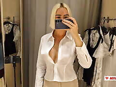 Sexy blonde tries on a teacher&039;s uniform. Sexy clothes fitting Hot babe tries on sexy clothes and flashes her boobs.