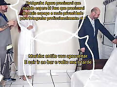 Newlywed bride at photo shoot while her husband waits outside