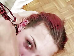 A Naughty Redhead Girl Stuffs a Big Cock in Her Mouth While Rubbing Her Cunt