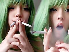 Cute Green Hair swedish erotica pigtails smoking 2 cigarettes at the same time ask me for full vid