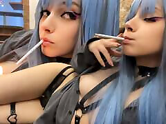 Blue Hair Step Sis Smoking for you with no bra ask me for full vid