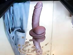 Dildo on mirror for anal pleasure and huge cumshot - Aussie guy moaning while riding abuse gagging to orgasm