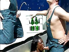 Pissing interracial threesome with ebony German slut