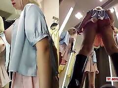 Young blonde with big mother bang tries on transparent clothes. Blonde MyCandyAlice shows nares sex outside in fitting room