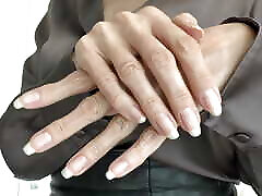 Beautiful Long Fingernails and Hand Shots in Silk Blouse