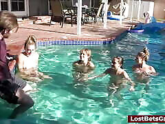 An amazing blowjob and sex in the pool after a wild gangbang strip game