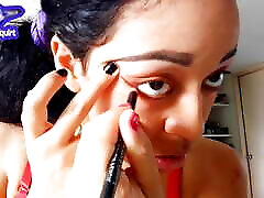 sexy latina girl finishes putting on makeup and starts masturbating her shaved pussy with many orgasms