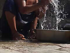 Desi stepsister was taking a bath in the open bathroom