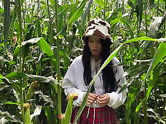 Security guard catches slut thief in cornfield and gives her a blowjob-ticket on the spot