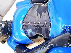 OnlyFans teaser - Anal toys in blue latex catsuit with red integrated vaginal and anal condoms!