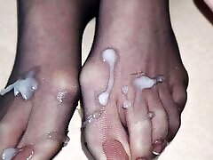 My cum on wife&039;s perfect nylon feet - French pedicure on her perfect feet