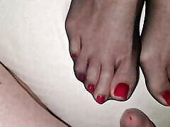 Cum on perfect wife&039;s black nylon feet - red polish pedicure