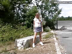 blonde 19 years girl shows panty outdoor