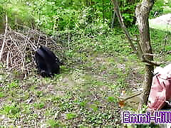 Hut in the Woods! Long Labia Teen with wet and creamy pussy outdoors
