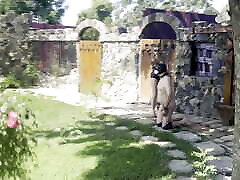 Puppy training in Dracula Femdom Castle - Outdoor doggy training - Hitting the genitals with the ball CBT