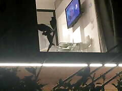 Caught horny couple fucking through open monalise sex window, peeking hot milf blowjob