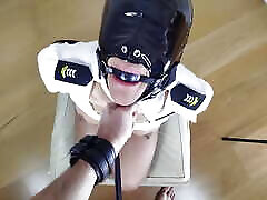 Dirty BDSM latin bitch gets a deepthroat, facefucking with slapping, spitting and blinder pussy-mouth latex slave mask