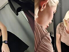 Naked Blonde with Big Tits try on haul sexy and see-through clothes in dressing room