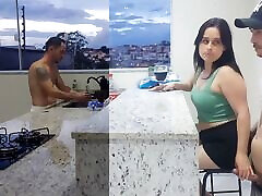 Fucking hot wife in the kitchen until she cums, while the cuckold washes the dishes