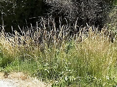 Public and risky, sloppy handjob on a bench during hiking