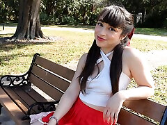 Gorgeous solo college babe doing striptease in a park - Pixie