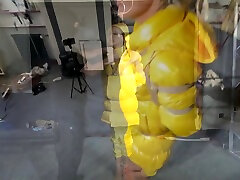 Ms Ungeniert Tied, Gagged indian wuth condom Hooded In Shiny Nylon Yellow Downjacket