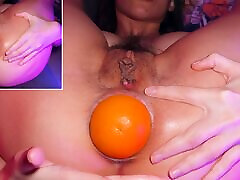 ANAL PLEASURES WITH ORANGE AND VIBRATOR Gape, Hairy pussy, Huge toy, Hardcore, Close up, Teen