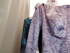 Sexy brunette tries on tights, hairy pussy, big ass, big tits. Amateur wife hairy pussy