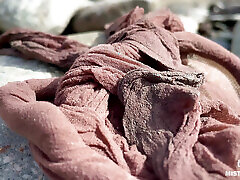Goddess Shows You Her Messy Nylon Feet Close Ups in Torn Pantyhose on the River Bank