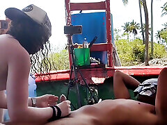 Cuckold husband watching several gifted fucking his two wives during a fishing trip