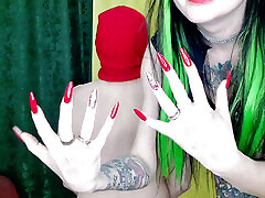 Fetish of old man gorgeous sharp red nails. Dominatrix scratches slave&039;s back.