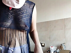 Hairy Brunette Pussy, crossdressing blow Tits, Sensual black brown Woman in Kitchen.