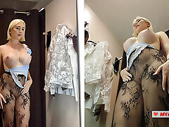 Blonde with big Tits Try on haul Clothes in Mall. Milf in Fitting Room