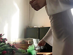 cleanind lady in transparent dress