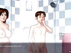 Busty milf jerks her stepson in the shower creampies sex
