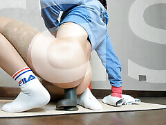 Hard play of white arse on a black big dildo