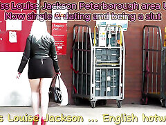 English hotwife Miss jackson in high heels tights and leather teasing in public