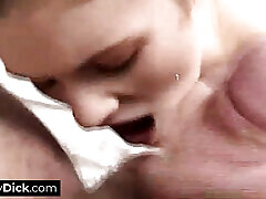 A tiny dick loser is licking her pussy before getting his blowjob