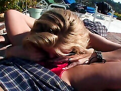 Redhead and blonde MILF having friend husben sex fun by the pool