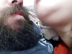 Naughty tongue POV dancing in a sexy and exciting kiss with the slut jerking off his hard cock