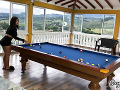 Sayafit and Anissa Miller play with pool balls and the cue between their big buttocks - Brian Evansx