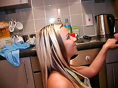 Sexy babe in uniform sucks cock with passion and looking the dude in his eyes