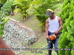 Ebony MILF Carla Morelli seduces her BBC gardener Rioc for a raw outdoor fuck at the mansion