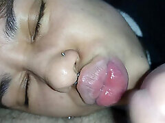 HOT YUMMY pink glasses pussy RUNNING DOWN HER SLUT FACE