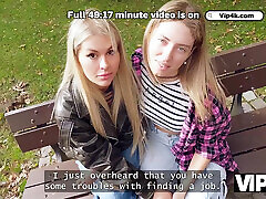 VIP4K. Gorgeous blonde with natural tits came to get a job and to fuck on a tabletop