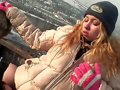 Blonde slut wearing fisnet stockings getting banged in snow outdoors